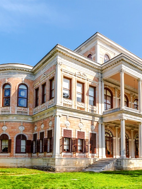Beykoz Mecidiye Pavilion in Istanbul with ornate architecture and lush greenery.