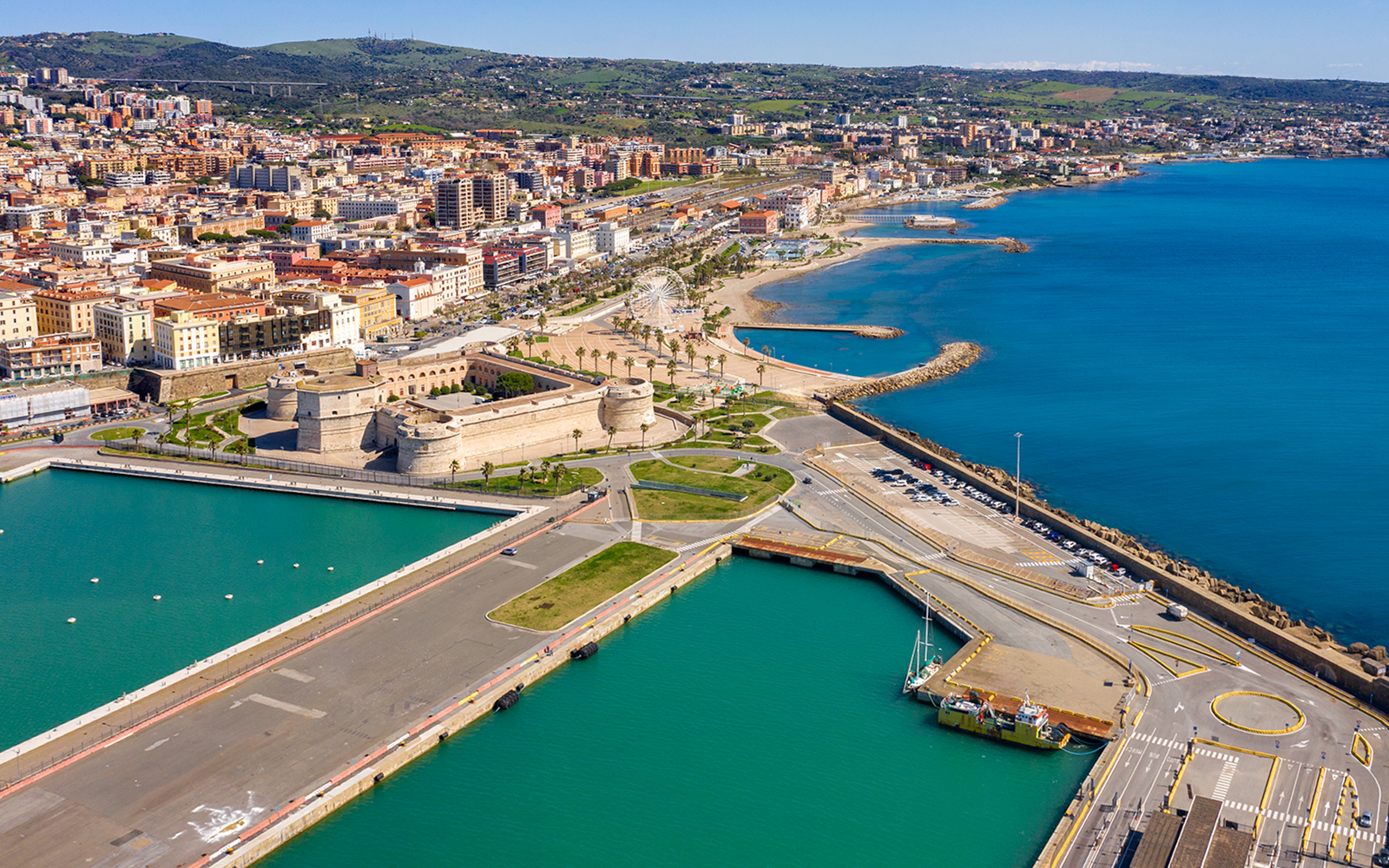 Aerial view of Fort Michelangelo at Civitavecchia port, Rome, Italy.