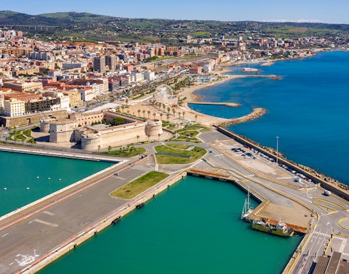Aerial view of Fort Michelangelo at Civitavecchia port, Rome, Italy.