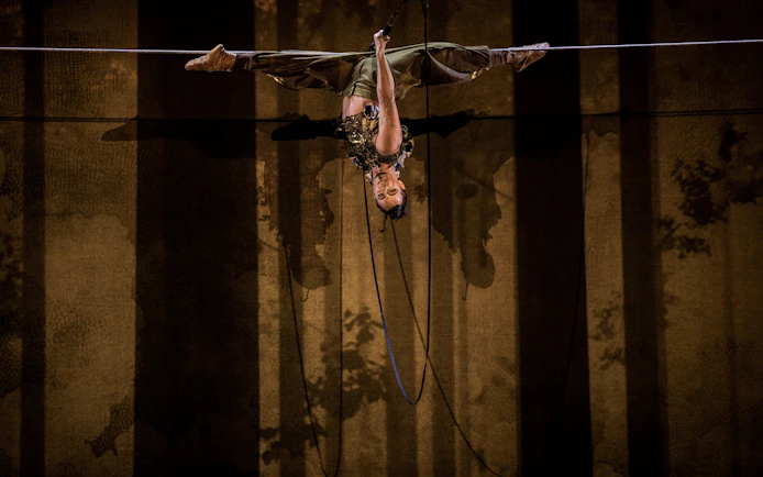 Performer suspended upside down during Cirque du Soleil Alizé stage show.