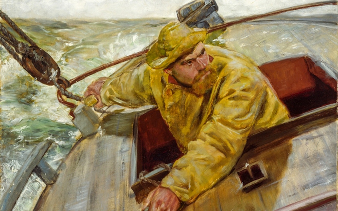 Sailor in yellow raincoat on a boat, part of Christian Krohg's "The People of the North" at Orsay Museum.