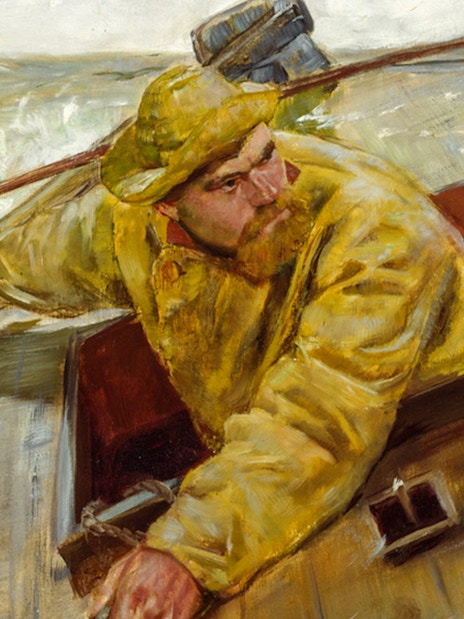 Sailor in yellow raincoat on a boat, part of Christian Krohg's "The People of the North" at Orsay Museum.