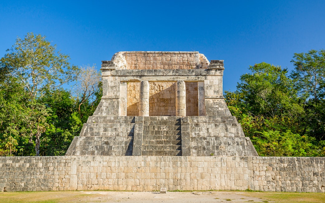 Temple of the Bearded Man with stone columns, Chichen Itza, Yucatan, Mexico.