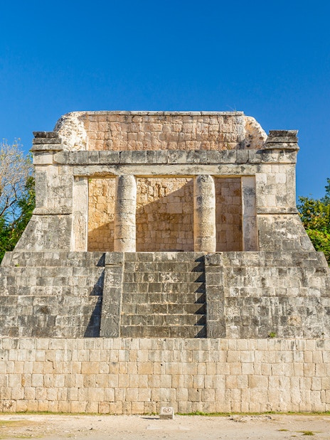 Temple of the Bearded Man with stone columns, Chichen Itza, Yucatan, Mexico.