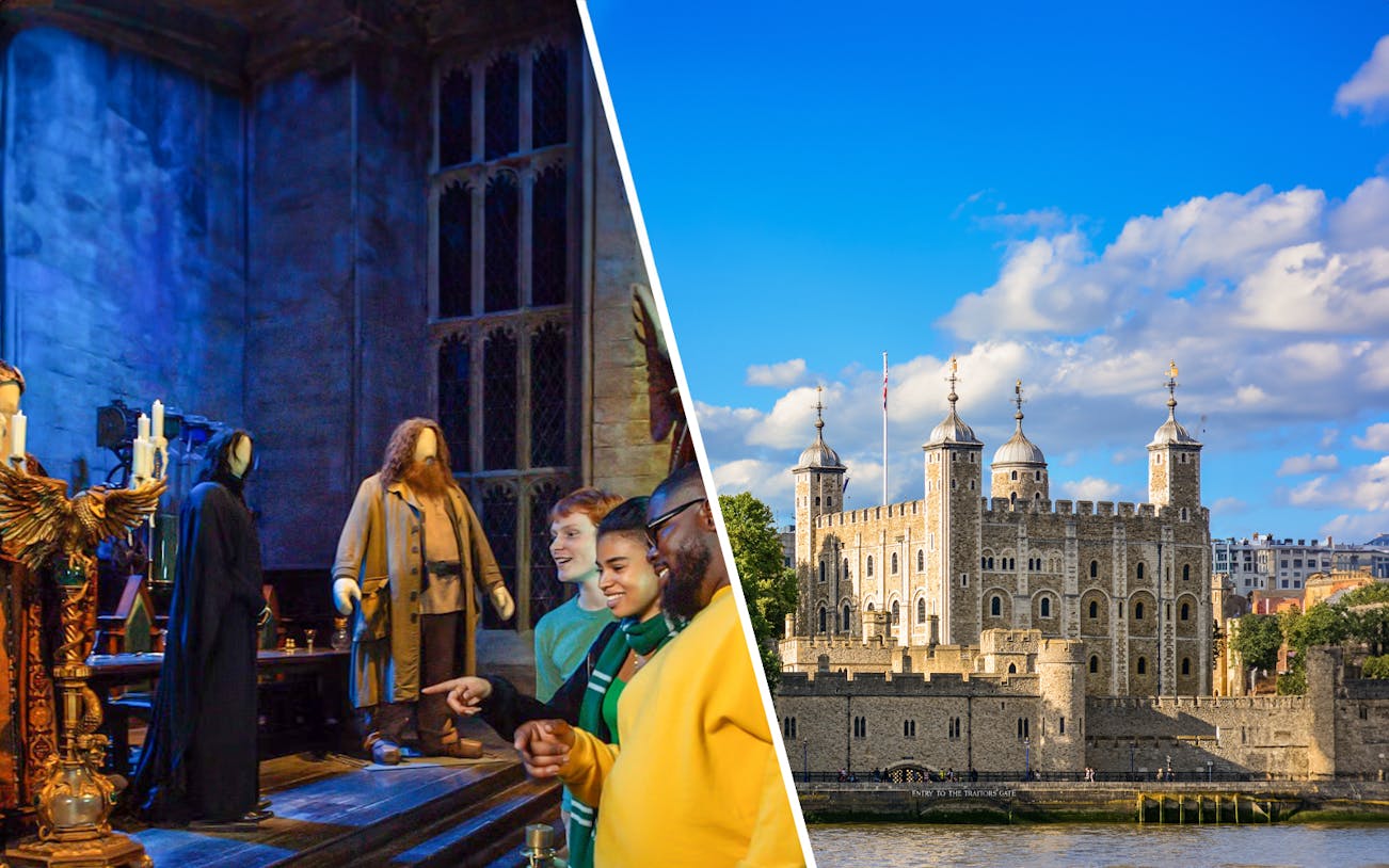 Harry Potter Studio Tour set and Tower of London exterior under blue sky.