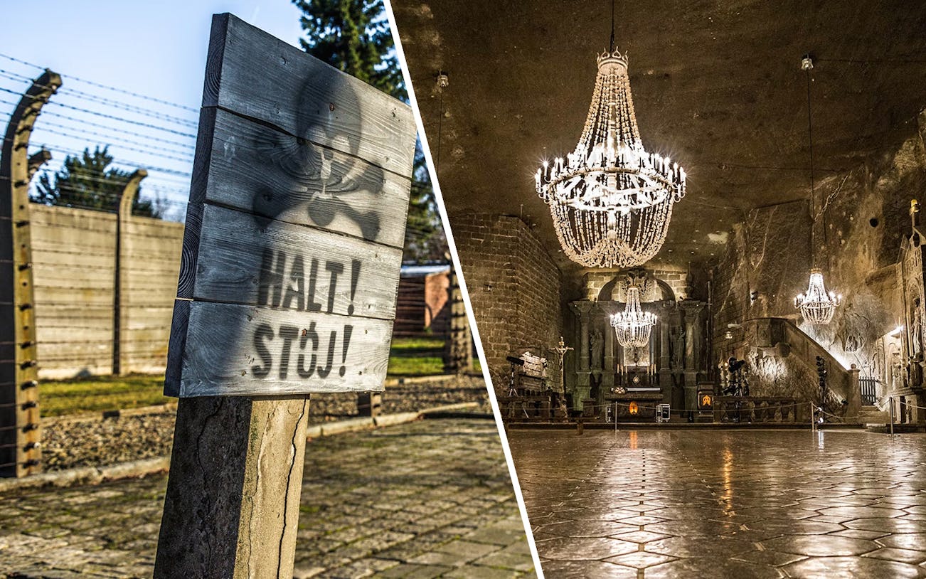 Auschwitz-Birkenau sign and Wieliczka Salt Mine chandelier interior on guided tour from Krakow.
