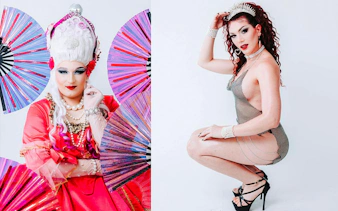 Drag performers in vibrant costumes at a Hungary show.