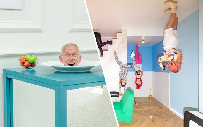 Guests interacting with optical illusions at the Museum of Illusions Amsterdam.