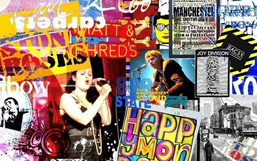 Collage of Manchester 80s and 90s music scene with band posters and performers.