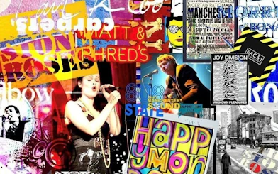 Collage of Manchester 80s and 90s music scene with band posters and performers.