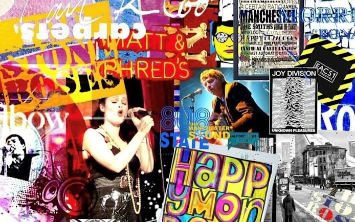 Collage of Manchester 80s and 90s music scene with band posters and performers.