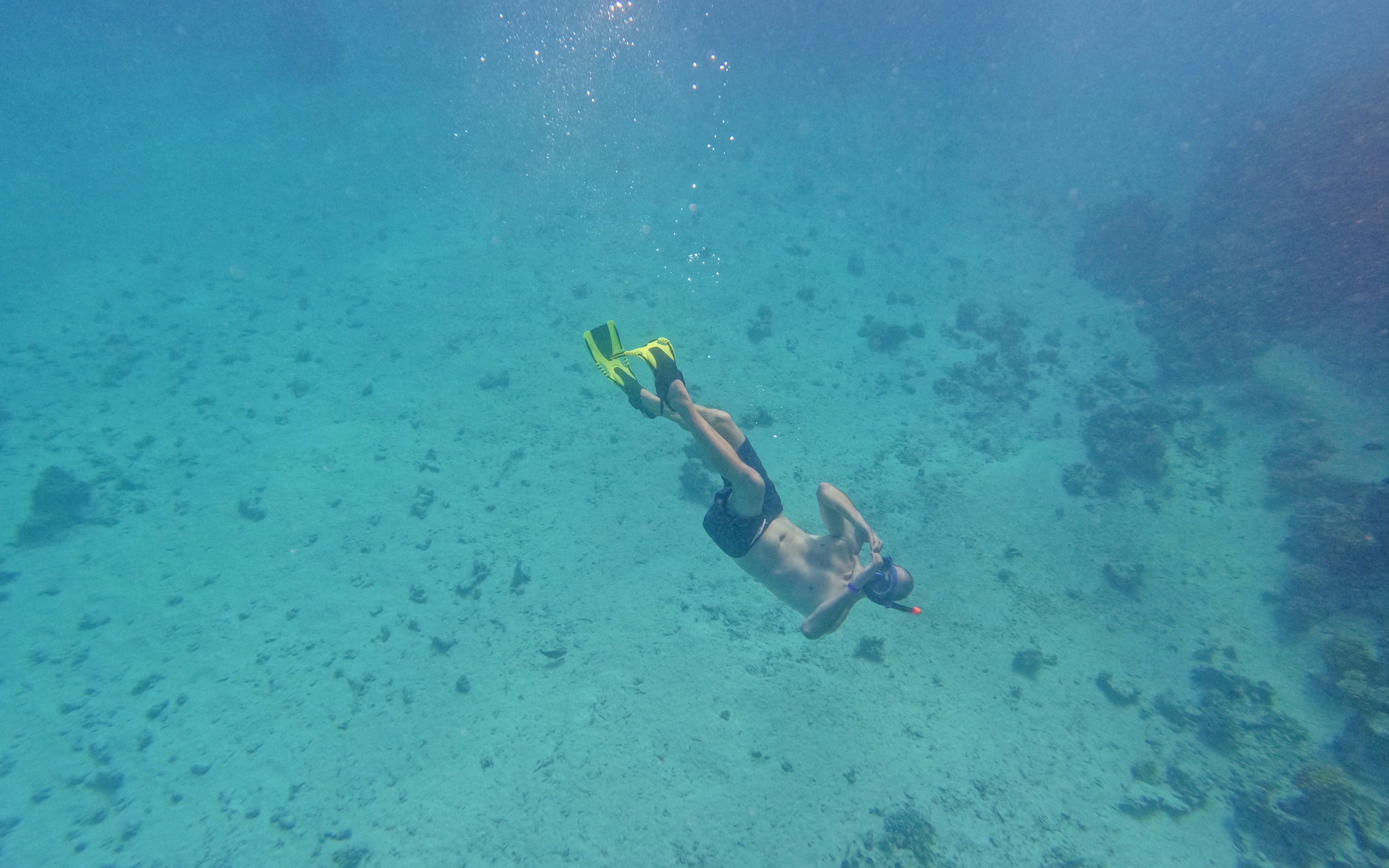 Snorkeler exploring clear blue waters with coral formations below.