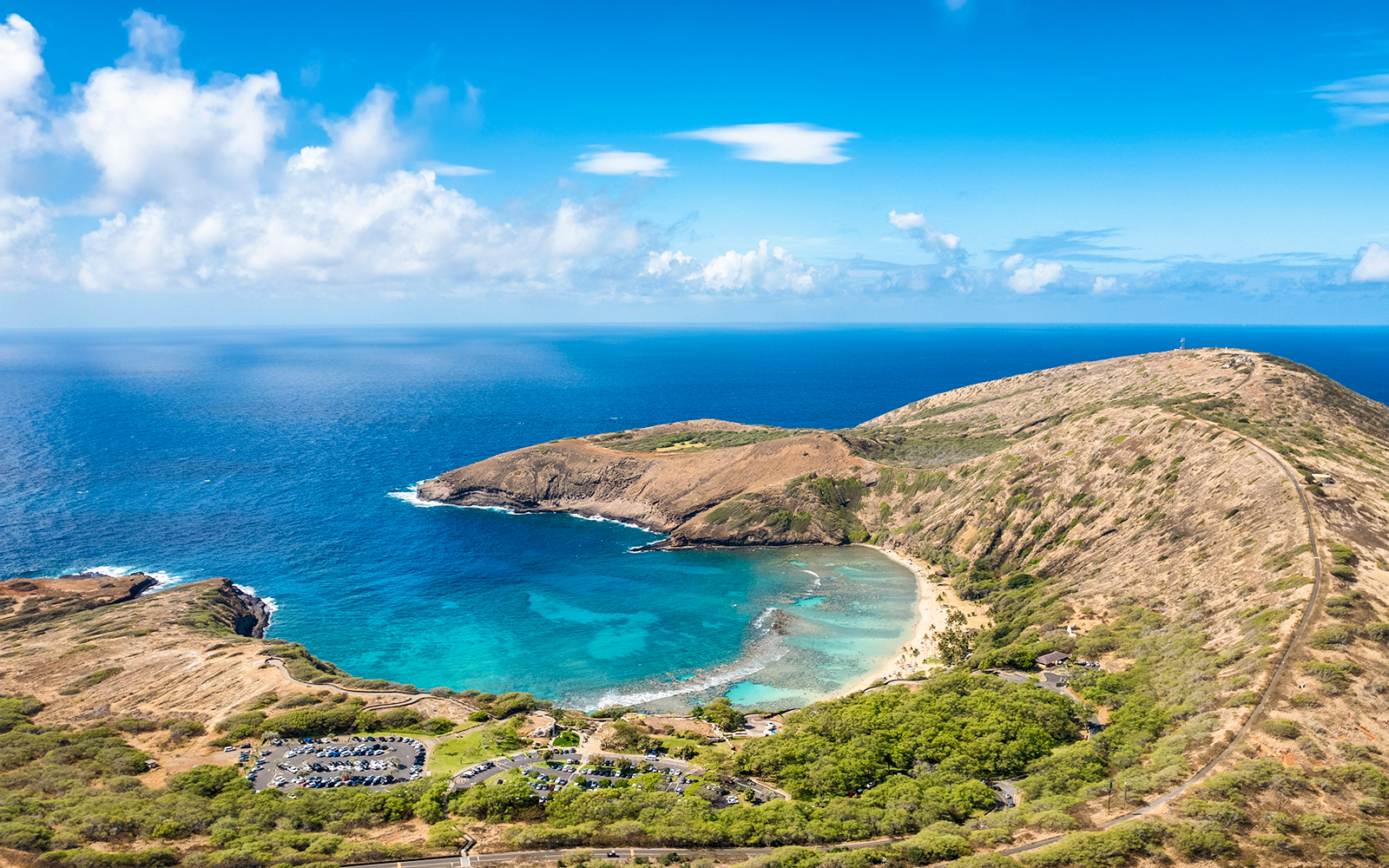 Aerial drone view of famous Hanauma Bay and its beach. The beach is known for snorkeling.