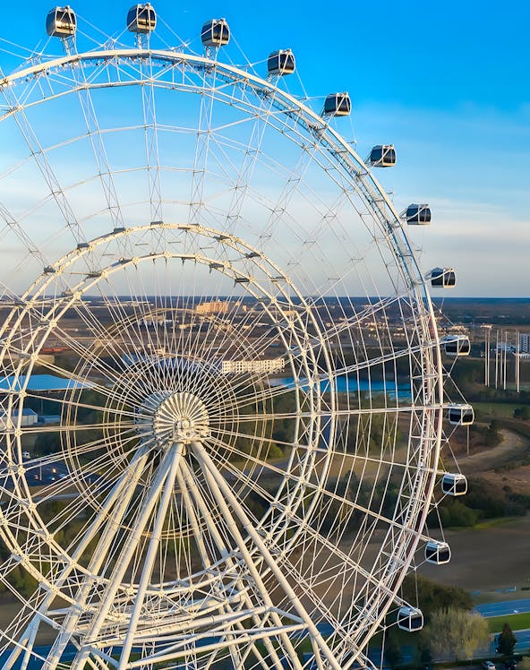 Ferris wheel at Icon Park, Orlando, with cityscape in the background.