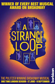 Broadway show poster for "A Strange Loop" featuring vibrant colors and abstract design elements.