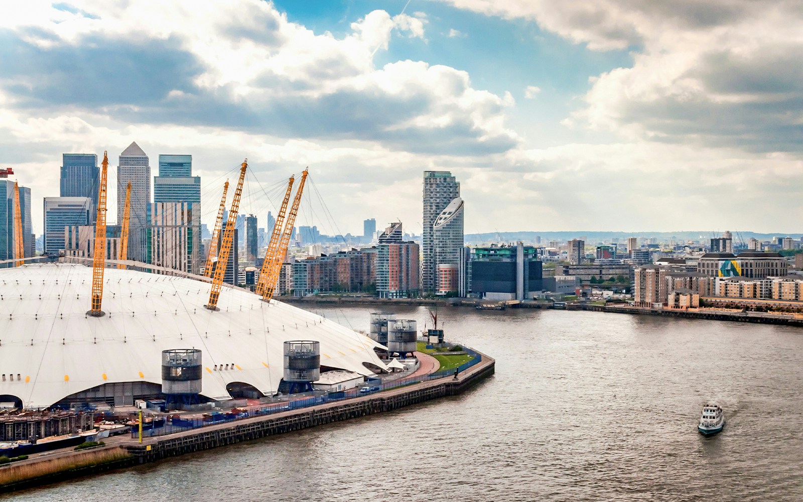 Aerial view of the O2 Arena and River Thames in London.