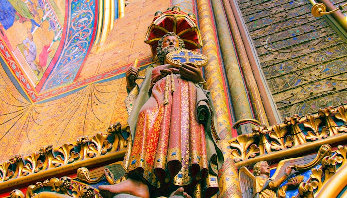 Upper Chapel interior with stained glass windows and 12 Apostle statues, Paris, France.