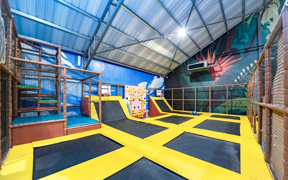 Jumping area with trampolines at Indoor Safari Escape Playland.