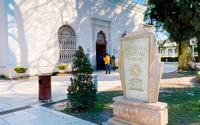 Visitors entering the Tomb of Orhan Gazi in Bursa, Turkey.