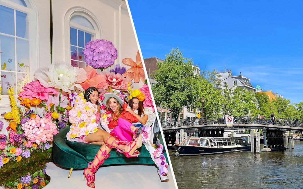 Guests enjoying colorful floral installation at WONDR Experience, Amsterdam.