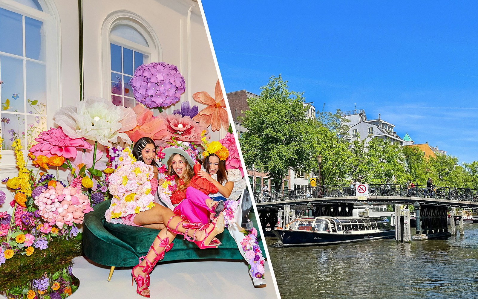 Guests enjoying colorful floral installation at WONDR Experience, Amsterdam.