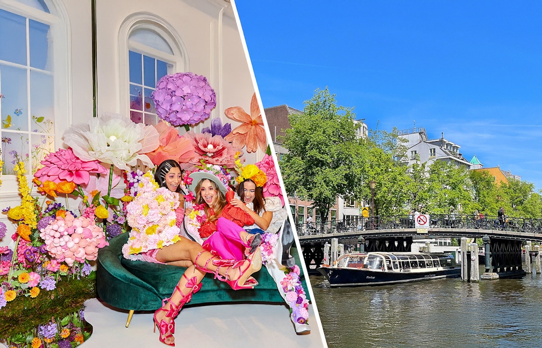 Guests enjoying colorful floral installation at WONDR Experience, Amsterdam.