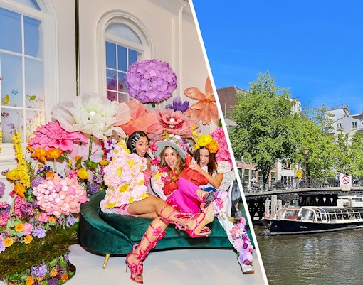 Guests enjoying colorful floral installation at WONDR Experience, Amsterdam.