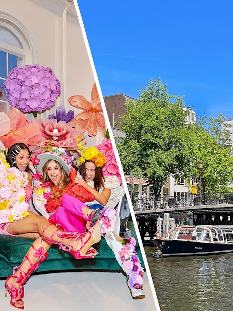 Guests enjoying colorful floral installation at WONDR Experience, Amsterdam.