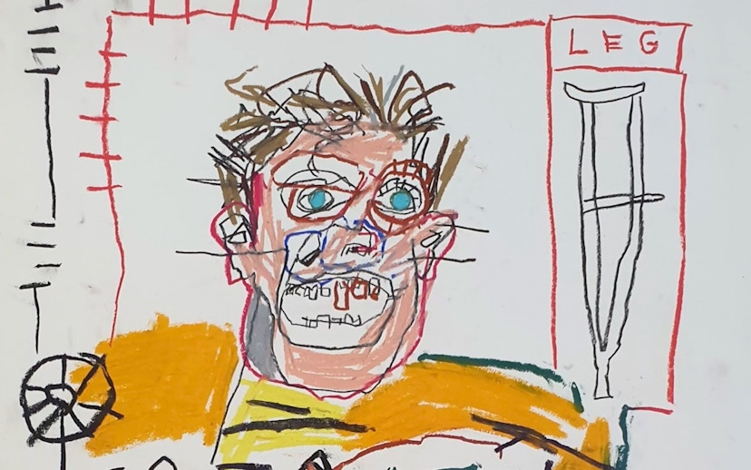 Basquiat-style artwork at Moco Museum, featuring abstract face and vibrant colors.