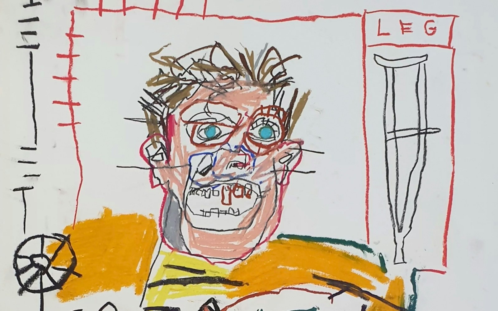 Basquiat-style artwork at Moco Museum, featuring abstract face and vibrant colors.