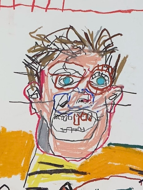 Basquiat-style artwork at Moco Museum, featuring abstract face and vibrant colors.