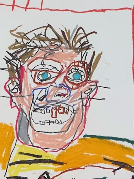 Basquiat-style artwork at Moco Museum, featuring abstract face and vibrant colors.
