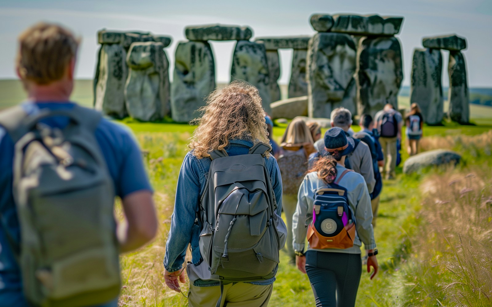 Tourists walking towards Stonehenge in Wiltshire, England.