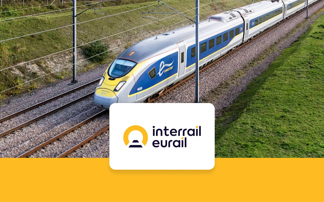 High-speed train on tracks with Interrail Eurail logo, Europe travel pass.