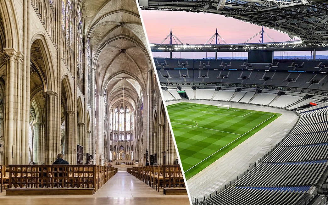 Saint-Denis Basilica interior and Stade de France stadium view.