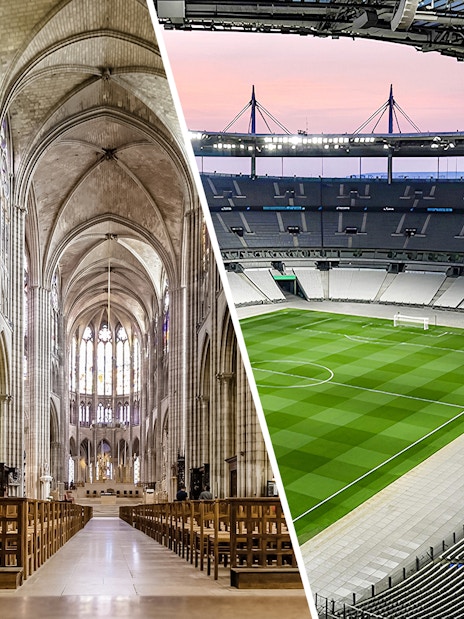 Saint-Denis Basilica interior and Stade de France stadium view.