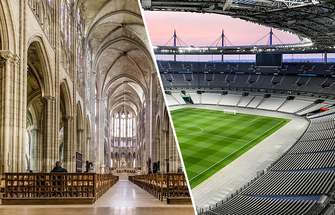 Saint-Denis Basilica exterior and Stade de France interior with guided tour access.
