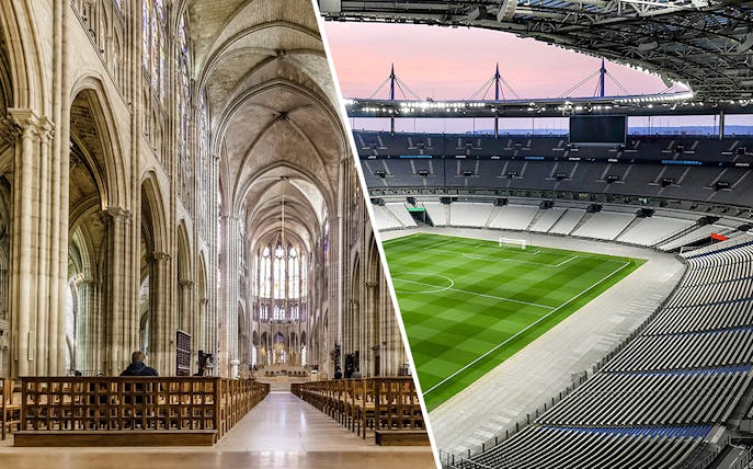 Saint-Denis Basilica interior and Stade de France stadium view.