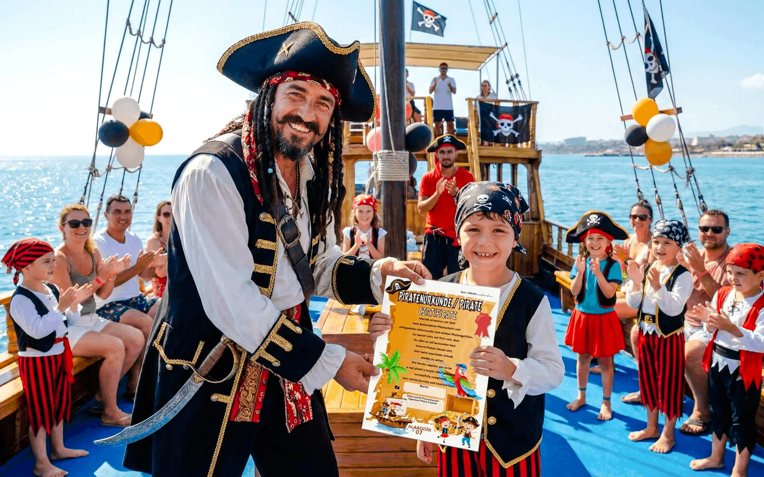 Kids receiving pirate certificates on a ship during Pirate Ship Cruise in Antalya, Turkey.