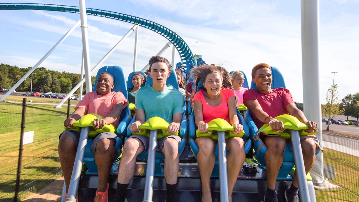 Riders enjoying the Fury 325 roller coaster at Six Flags Carowinds.
