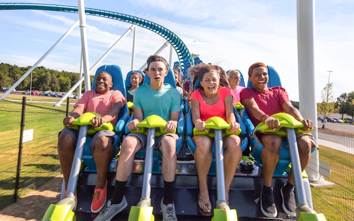 Riders enjoying the Fury 325 roller coaster at Six Flags Carowinds.