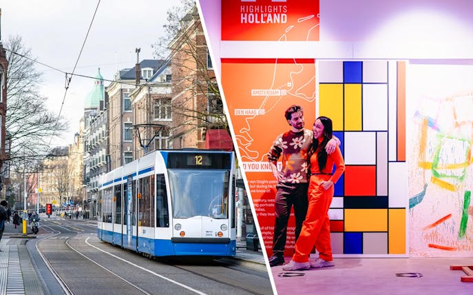 Tram in Amsterdam street and couple enjoying Highlights of Holland exhibit.
