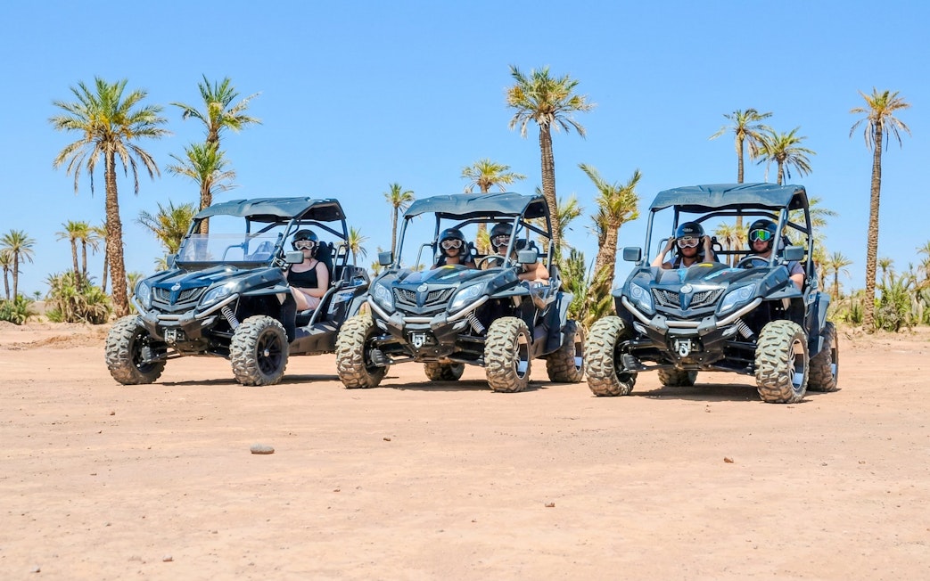 Quad bikes in the Palmeraie desert landscape during sunset tour.