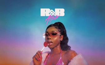 R&B Affairs party poster with woman in sunglasses and heart-shaped lollipop, Ibiza.