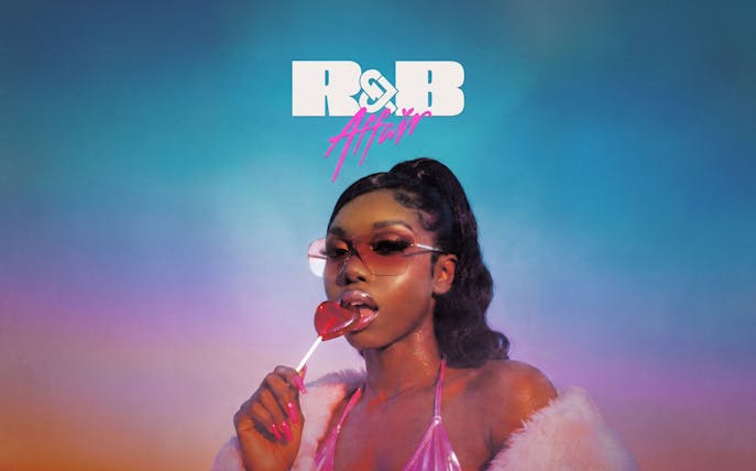 R&B Affairs party poster with woman in sunglasses and heart-shaped lollipop, Ibiza.