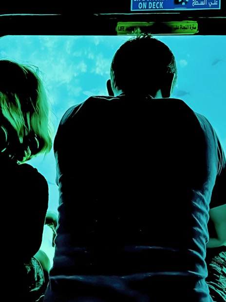 Couple viewing fish through submarine window on Royal Seascope, Hurghada.