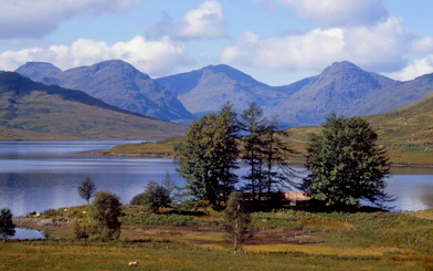 Loch Ness with surrounding hills and trees in the Scottish Highlands.
