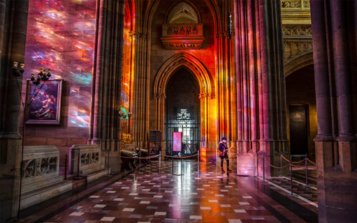 Stained glass reflections inside St Vitus Cathedral, Prague.