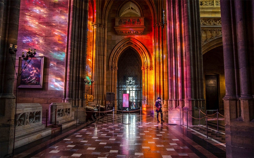 Stained glass reflections inside St Vitus Cathedral, Prague.