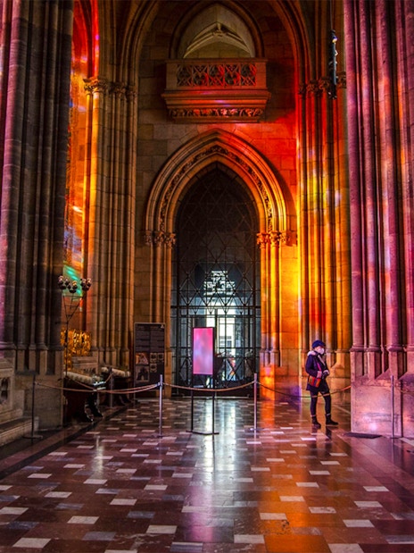 Stained glass reflections inside St Vitus Cathedral, Prague.